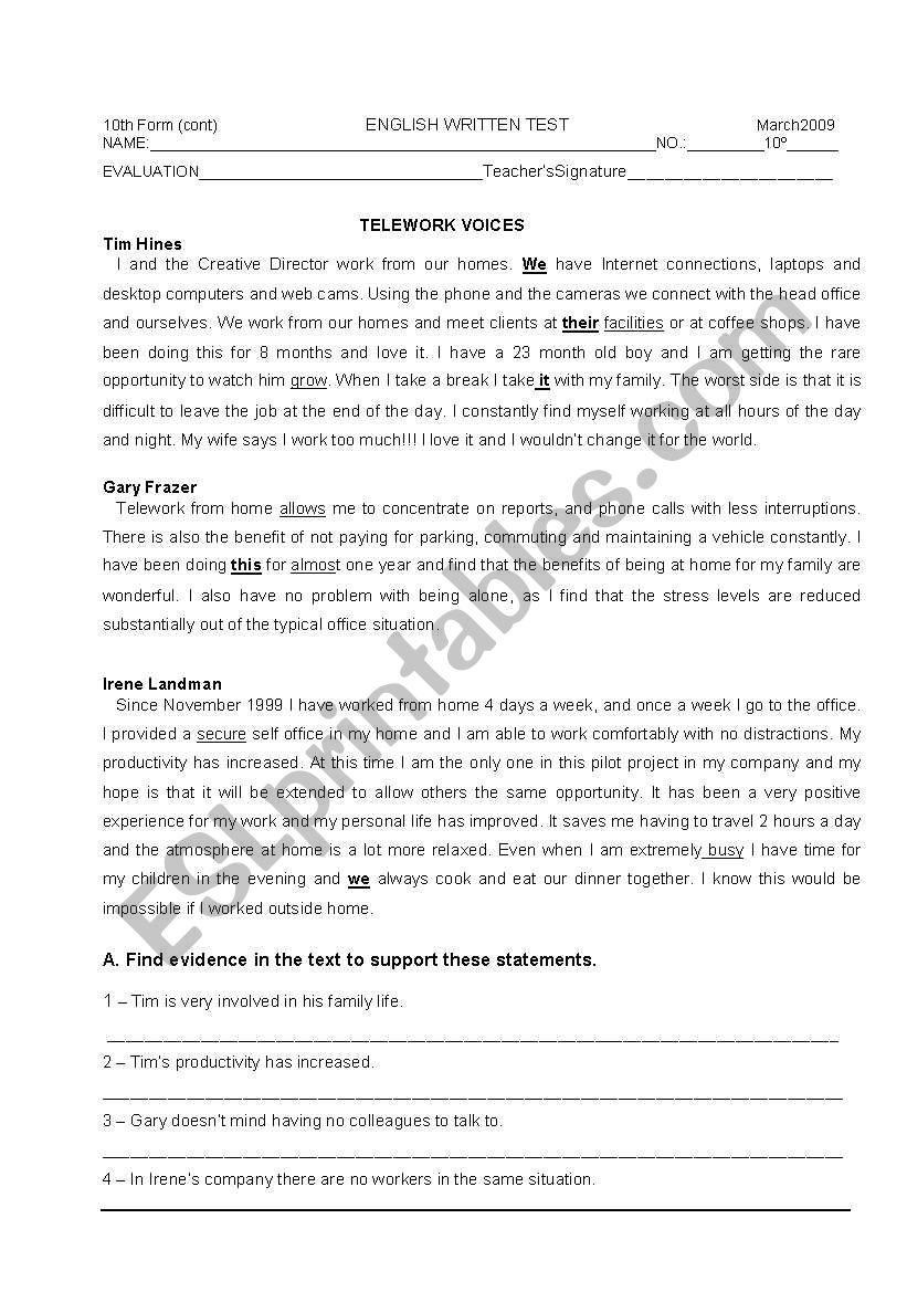 Telework worksheet