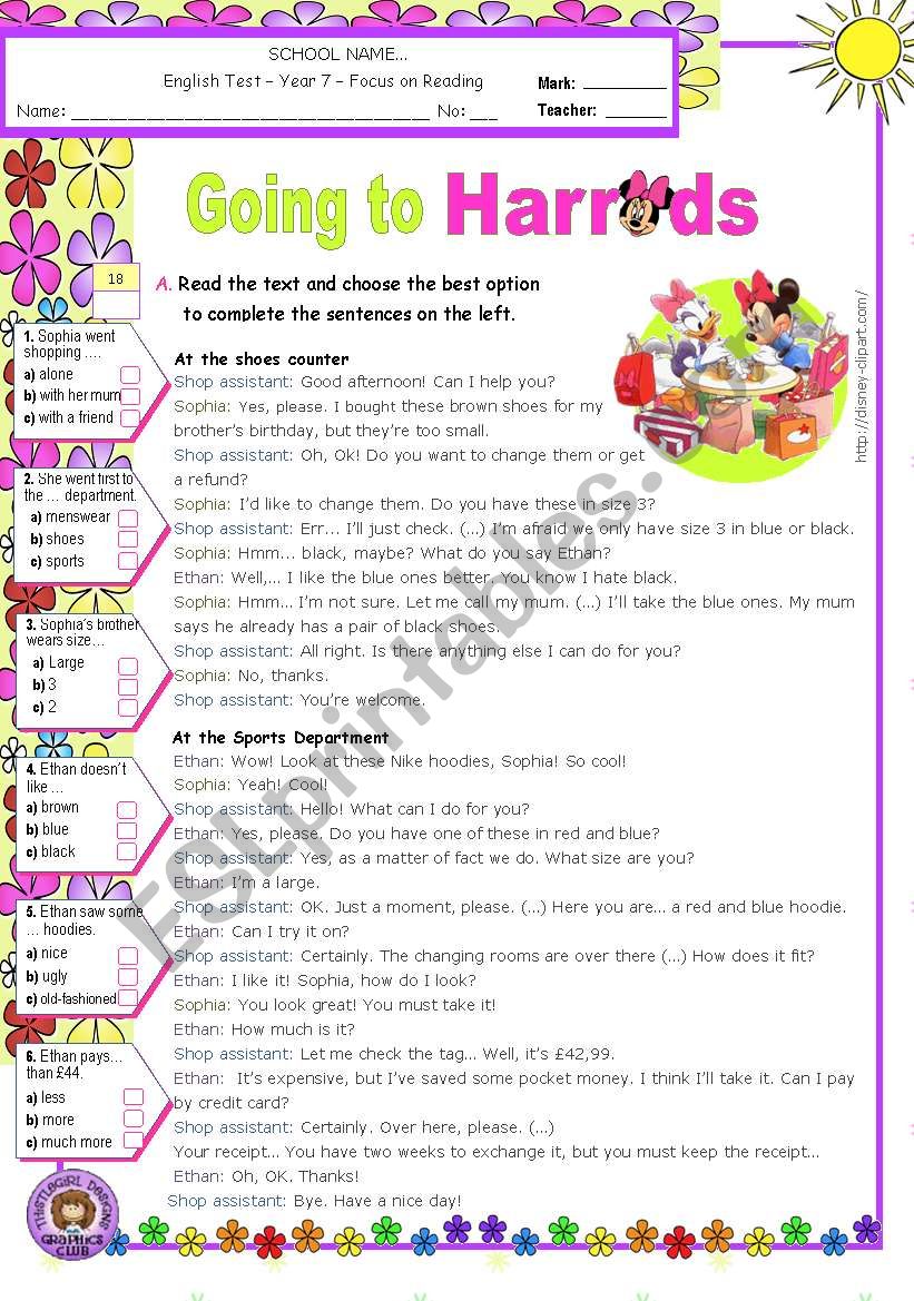 Going To Harrods  -  Reading Comprehension Test