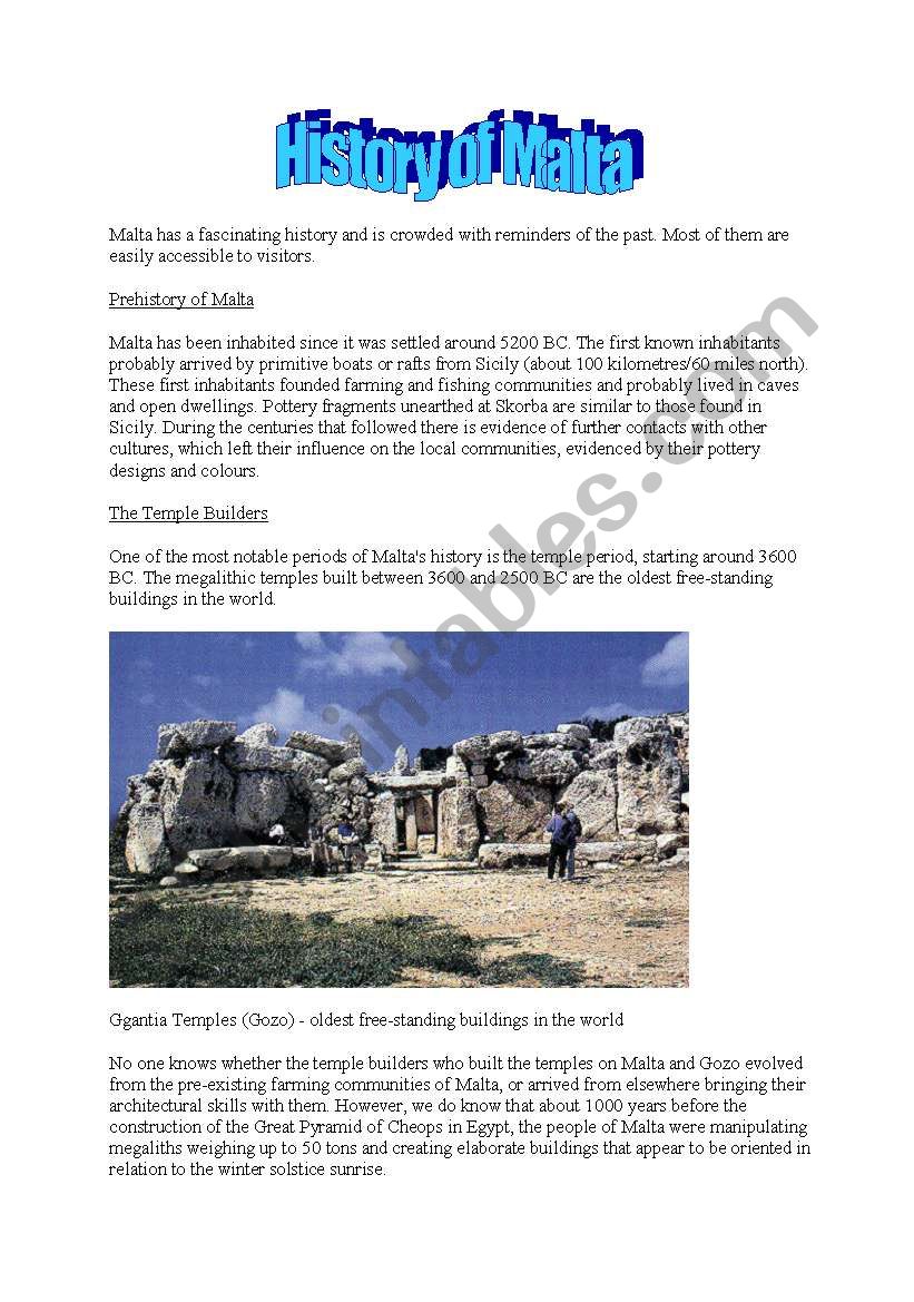 History of Malta worksheet