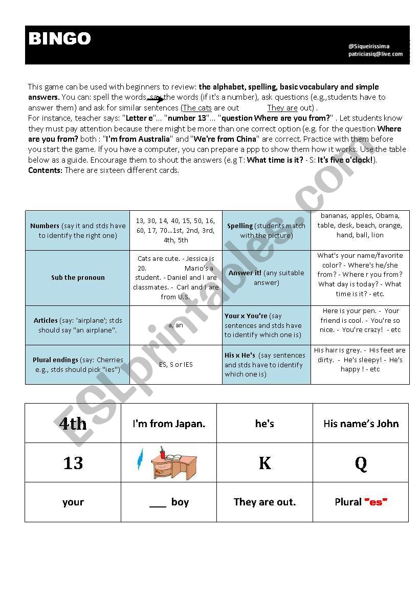 Bingo - Elementary Review worksheet