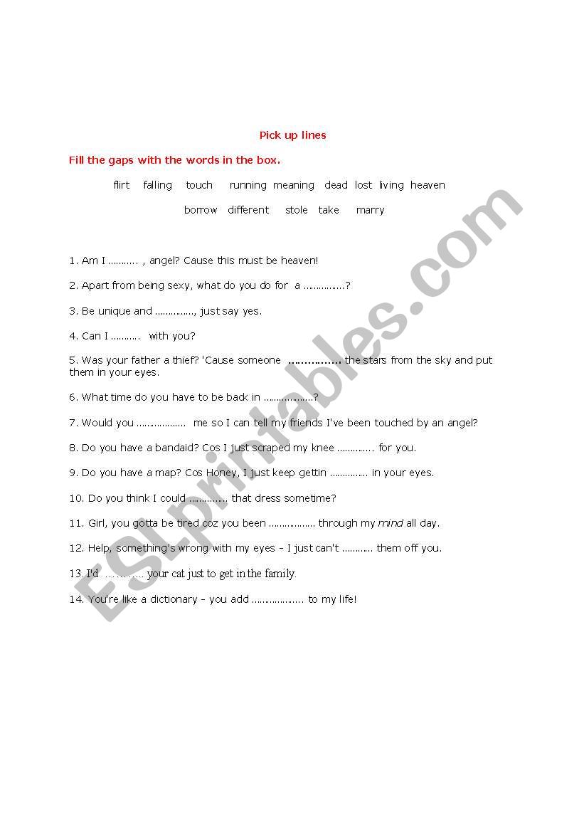 Pick up lines gap fill worksheet