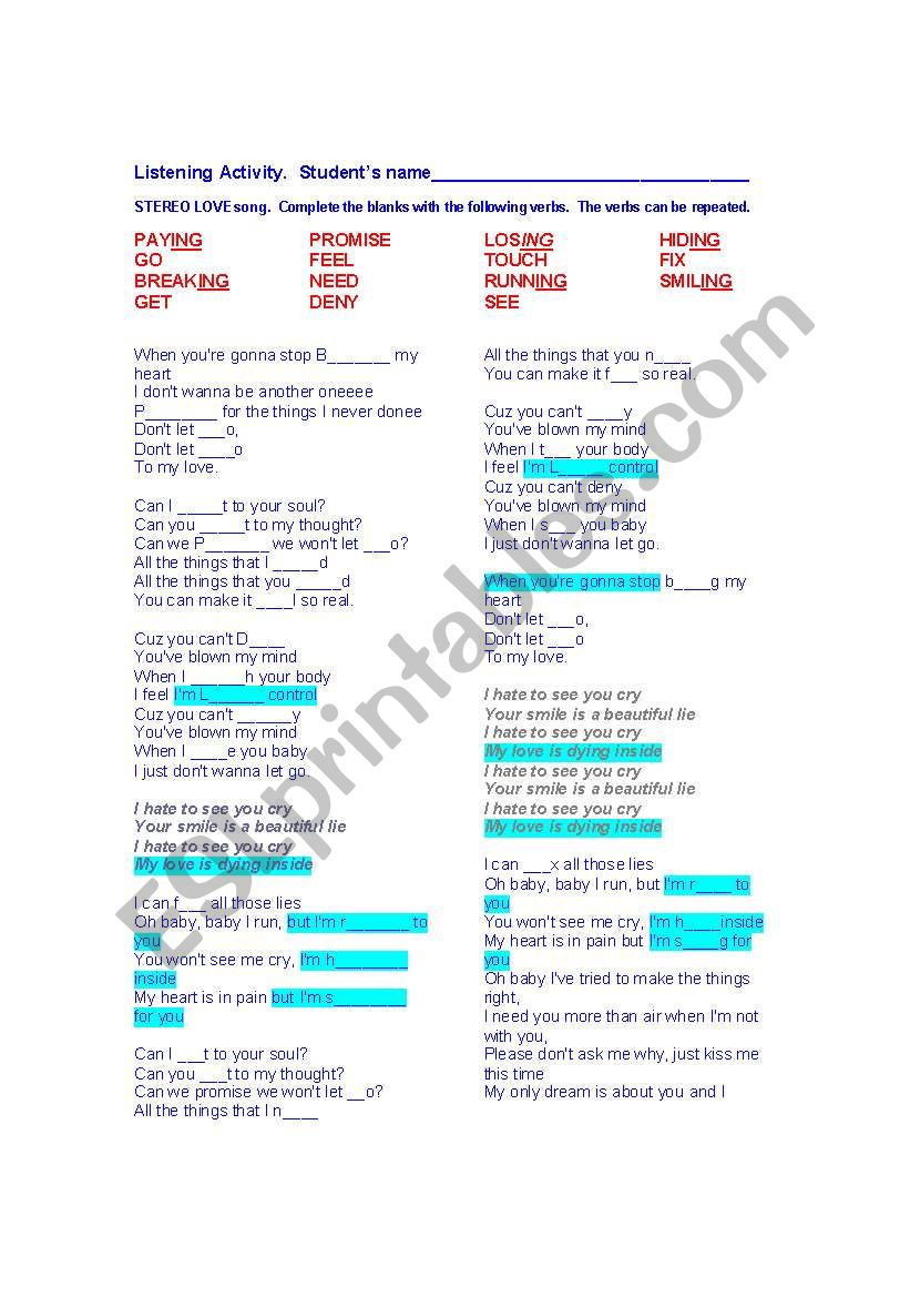 stereo love song worksheet