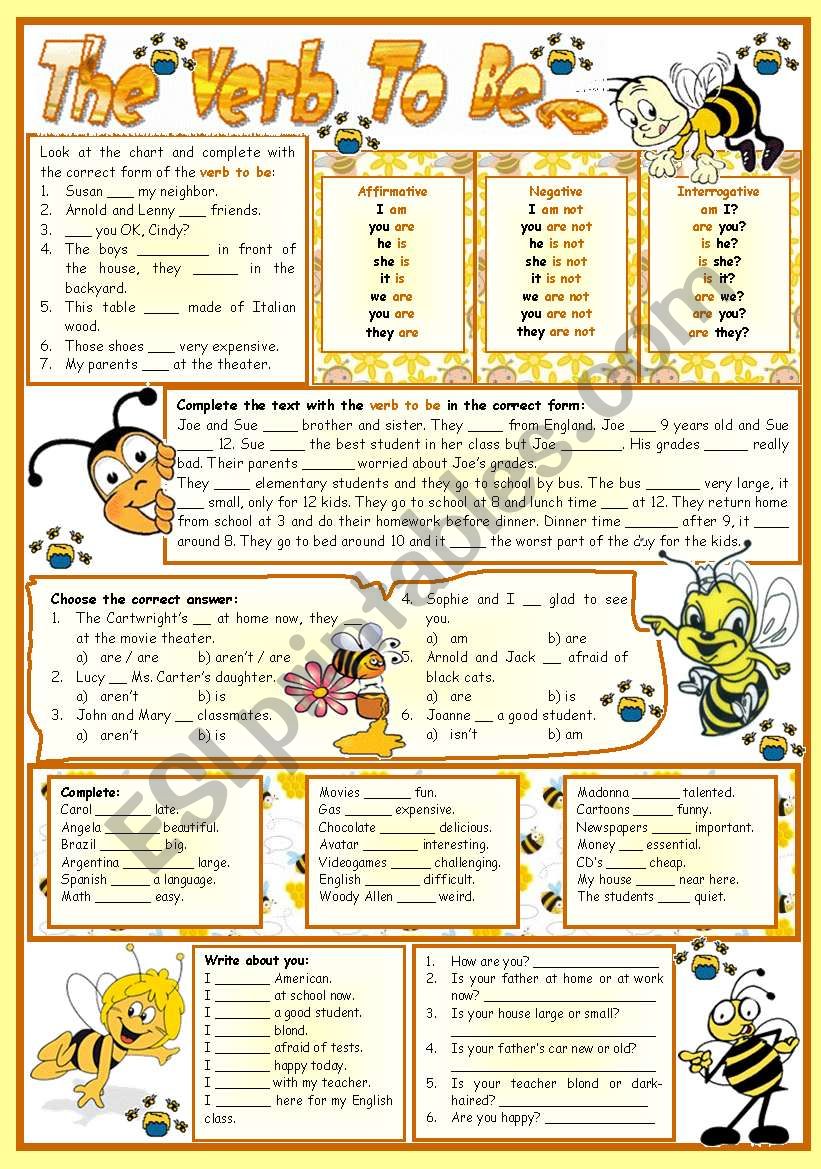 The verb to be-e â€“ reading â€¢ grammar â€¢ chart â€¢ exercises â€¢ 6 tasks â€¢ B&W version â€¢ teacherâ€™s printable with keys â€¢ 3 pages â€¢ editable