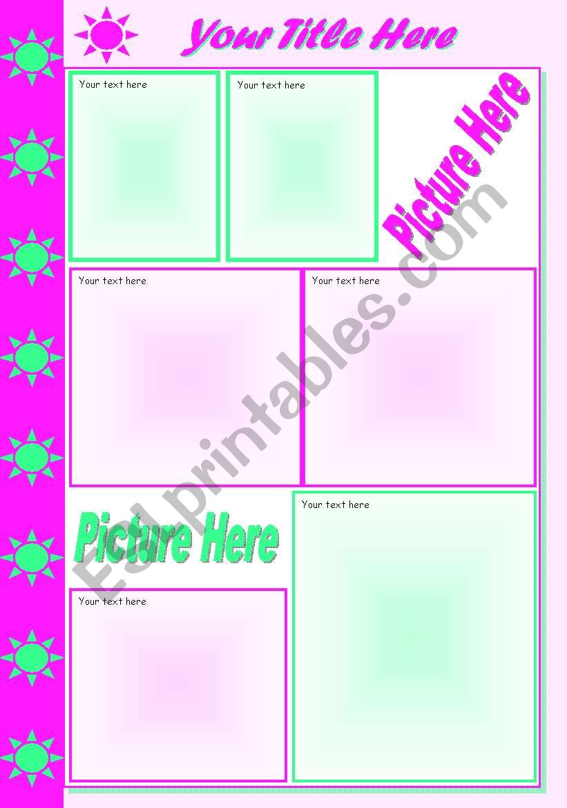 Template Sun Green & Pink  grouped  textboxes added  spaces for pictures  32 kb  2 pages  editable
