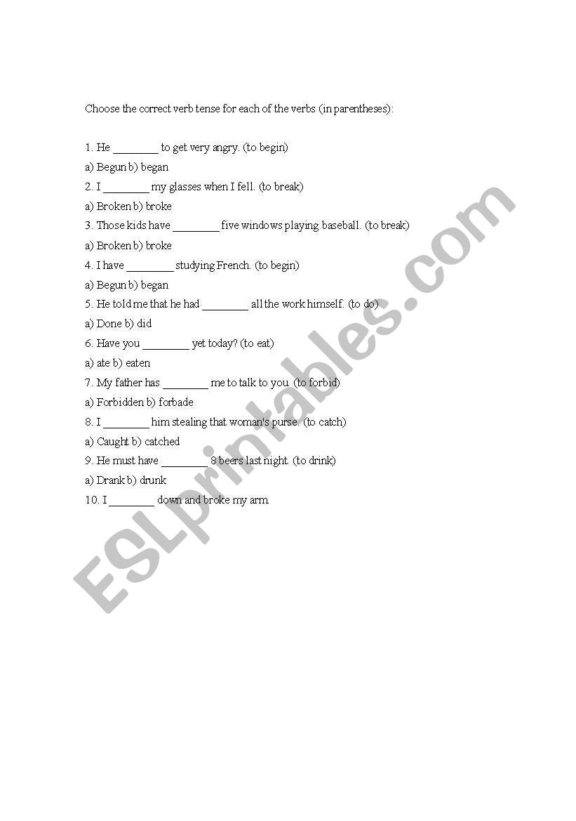 Irregular Verbs  worksheet
