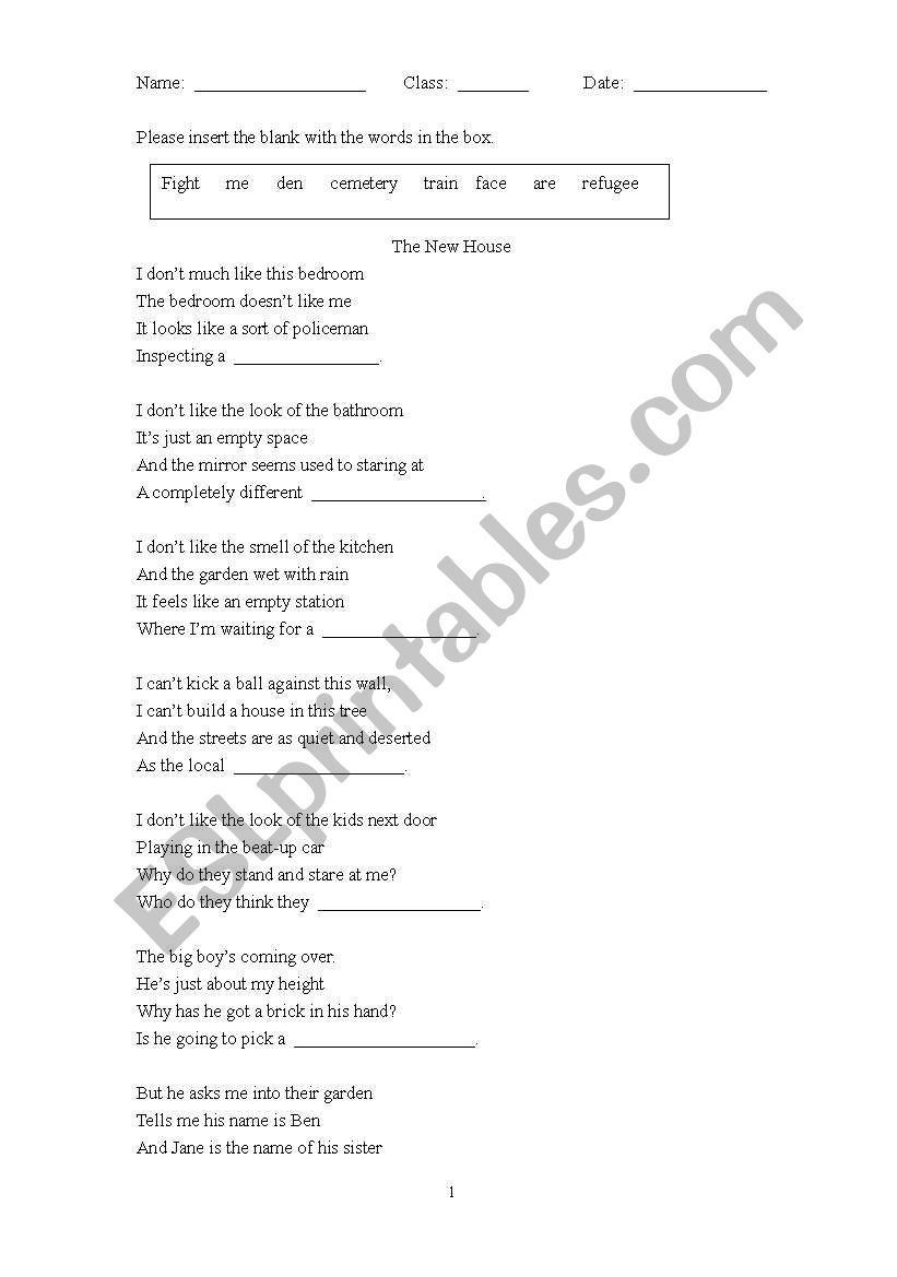 Poem-the new house worksheet