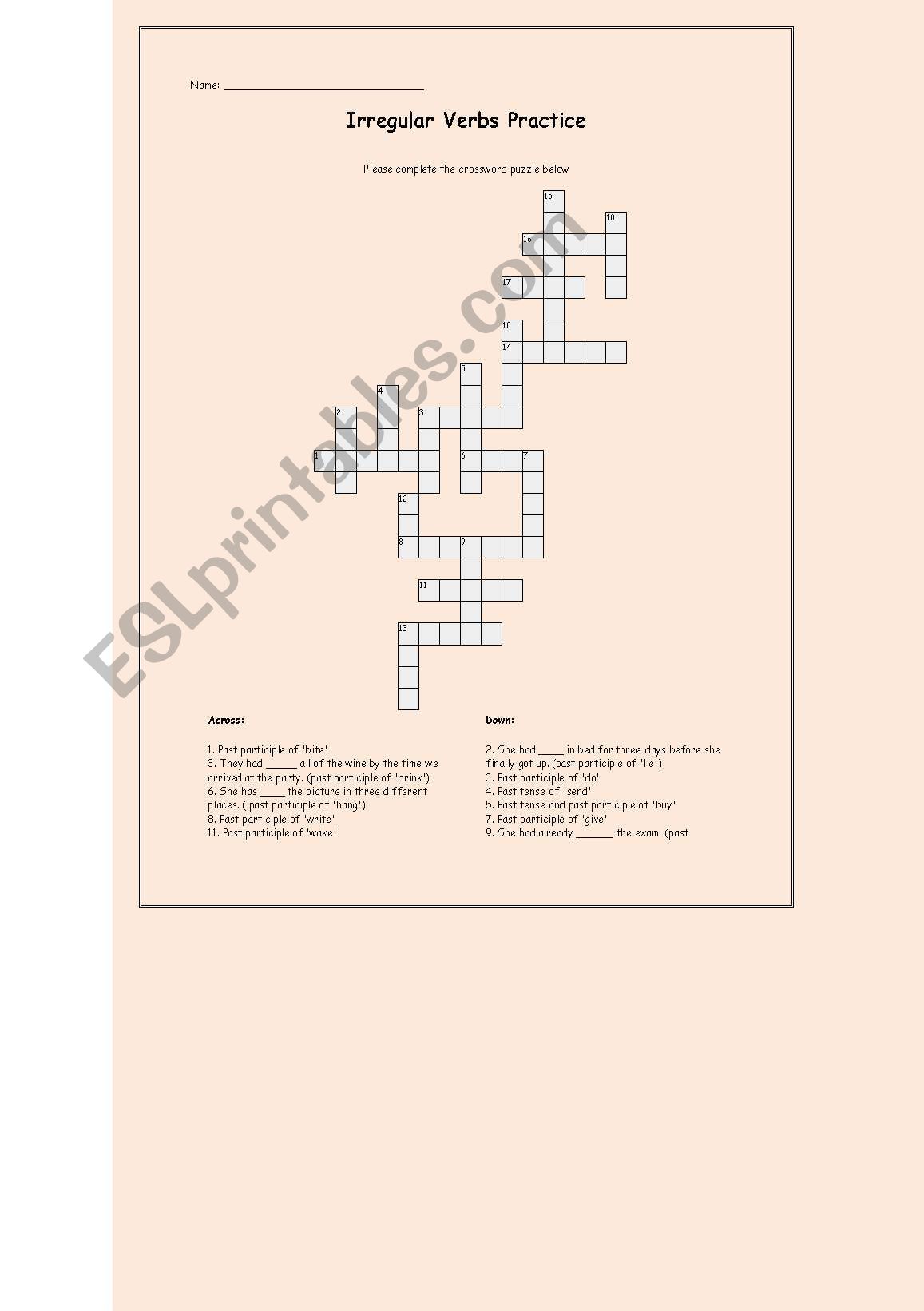 Irregular Verbs_Crossword worksheet