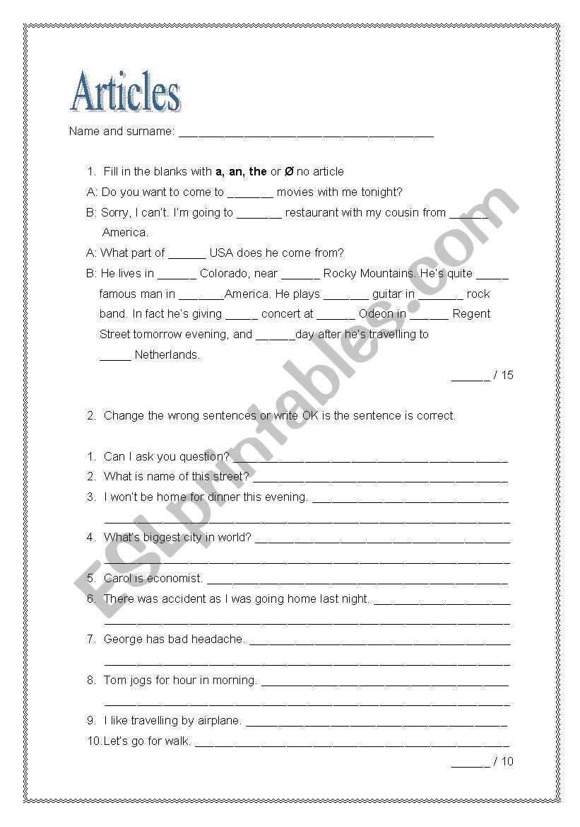 Articles worksheet