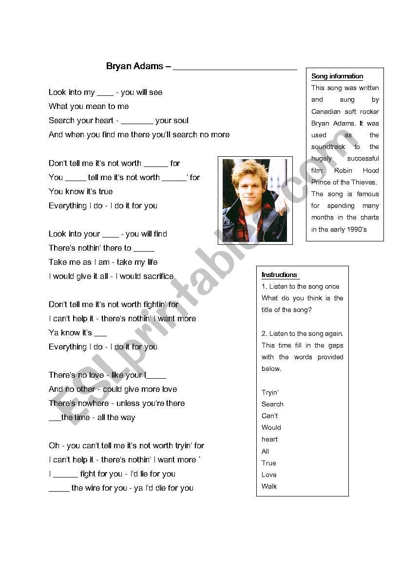 Bryan Adams - Everything I Do worksheet