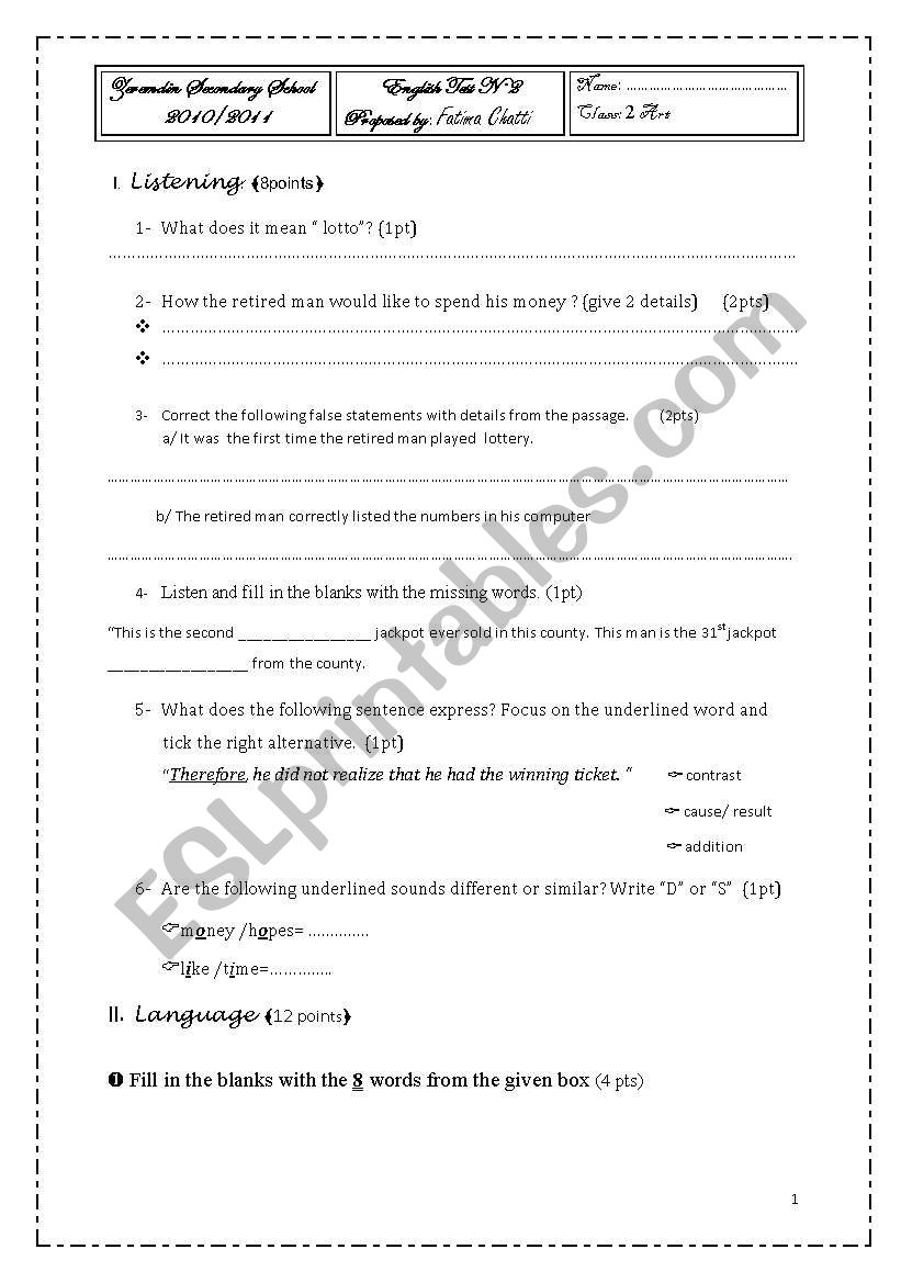 english test for 2nd art  worksheet