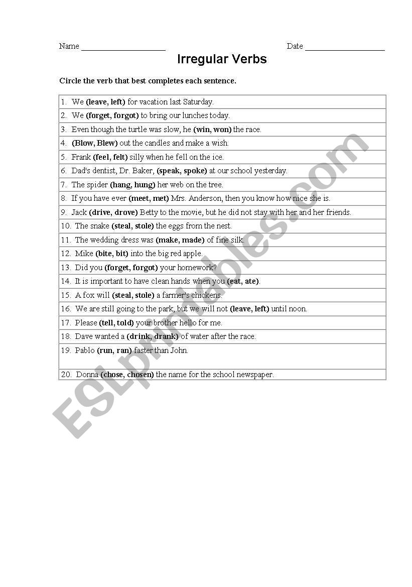 Irregular verbs  worksheet