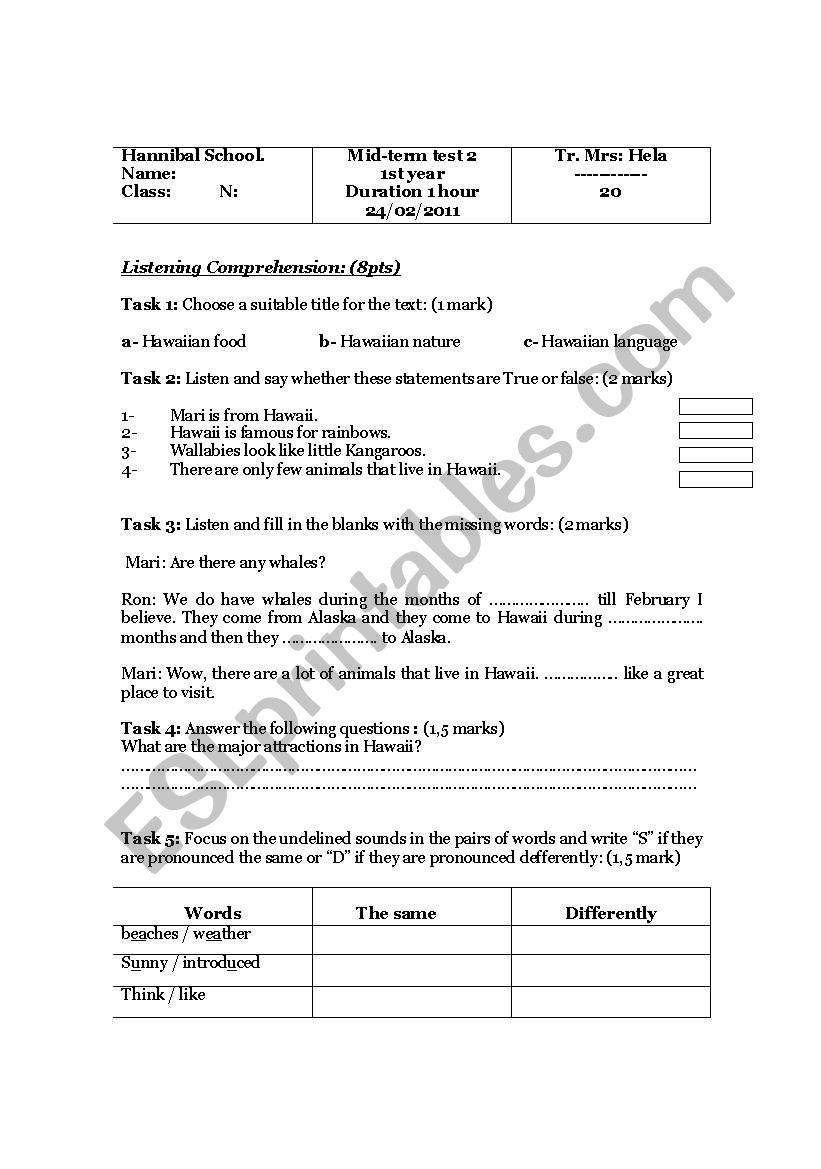 2nd mid-term test for 1st year