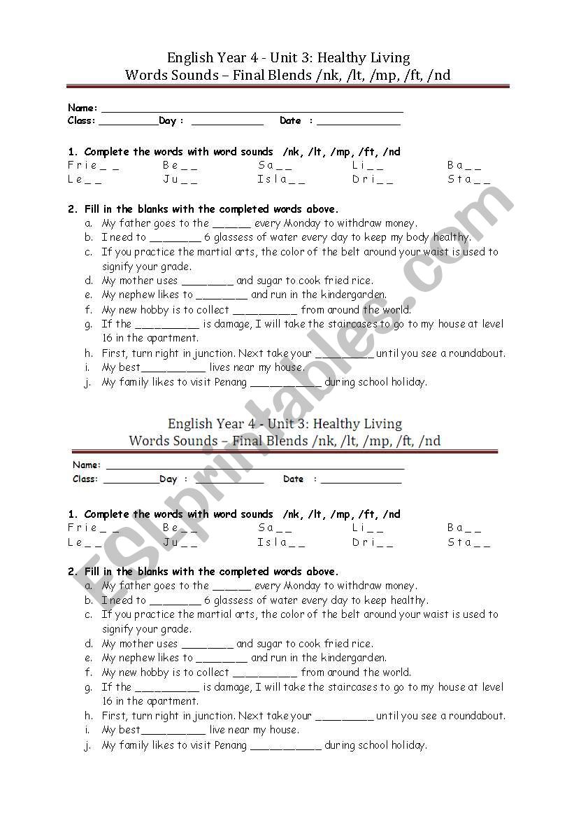 English-Words Sounds - Final Blends /nk, /lt, /mp, /ft, /nd