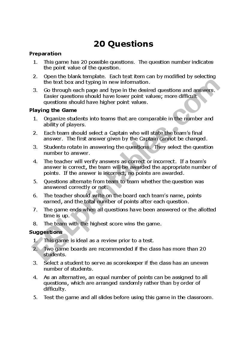 20 questions worksheet