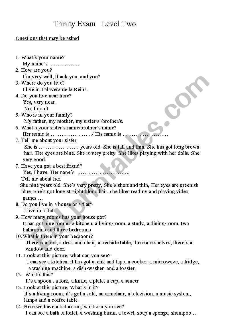 trinity oral exam level two worksheet