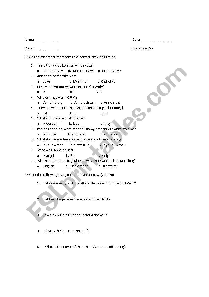 Annie Frank Pop Quiz worksheet