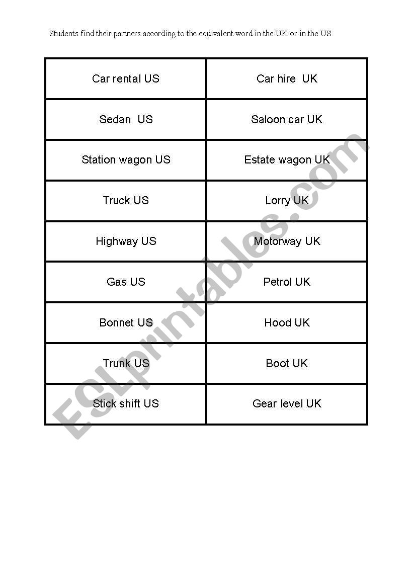 pair work: American English VS British English (CARS)