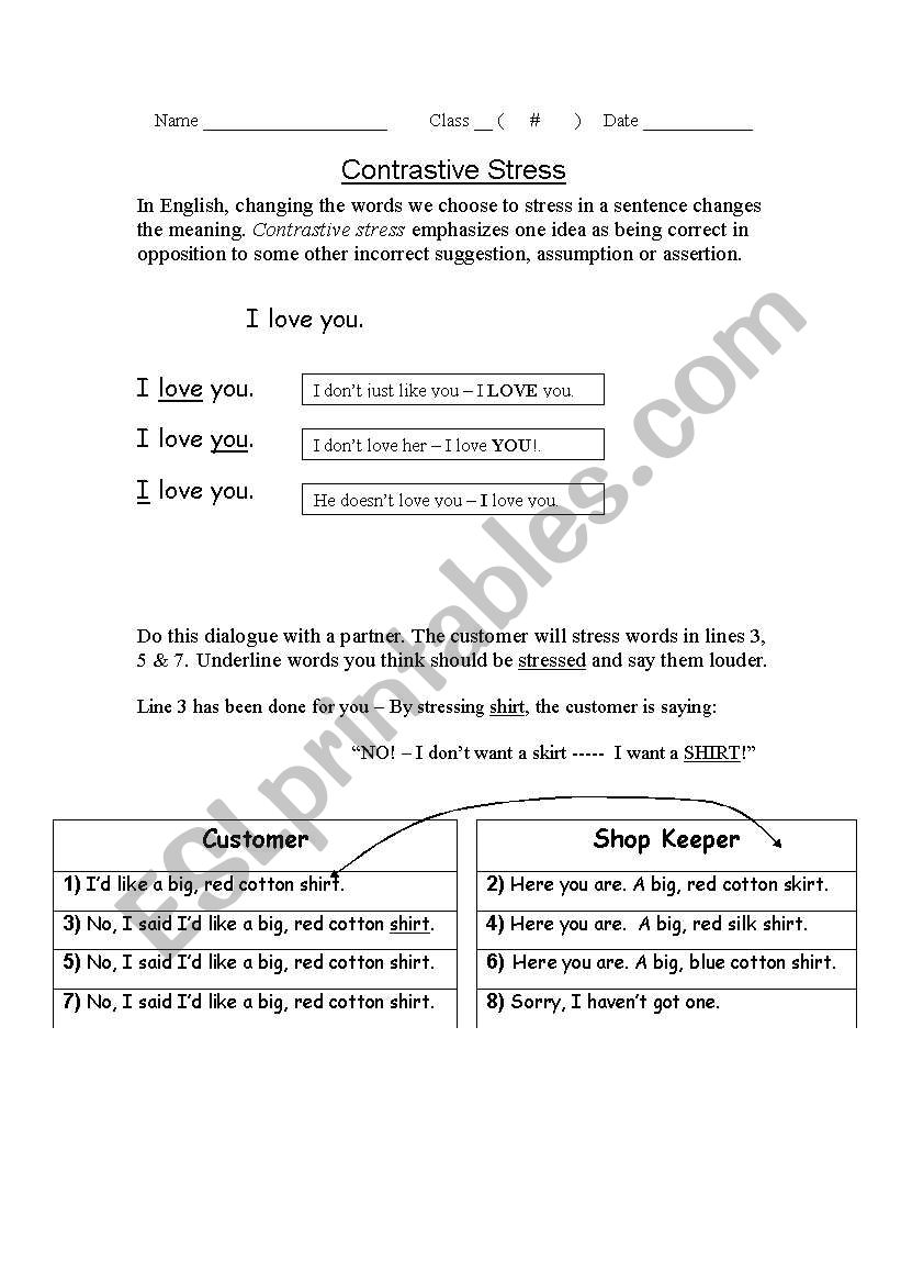 Contrastive Stress dialogue worksheet