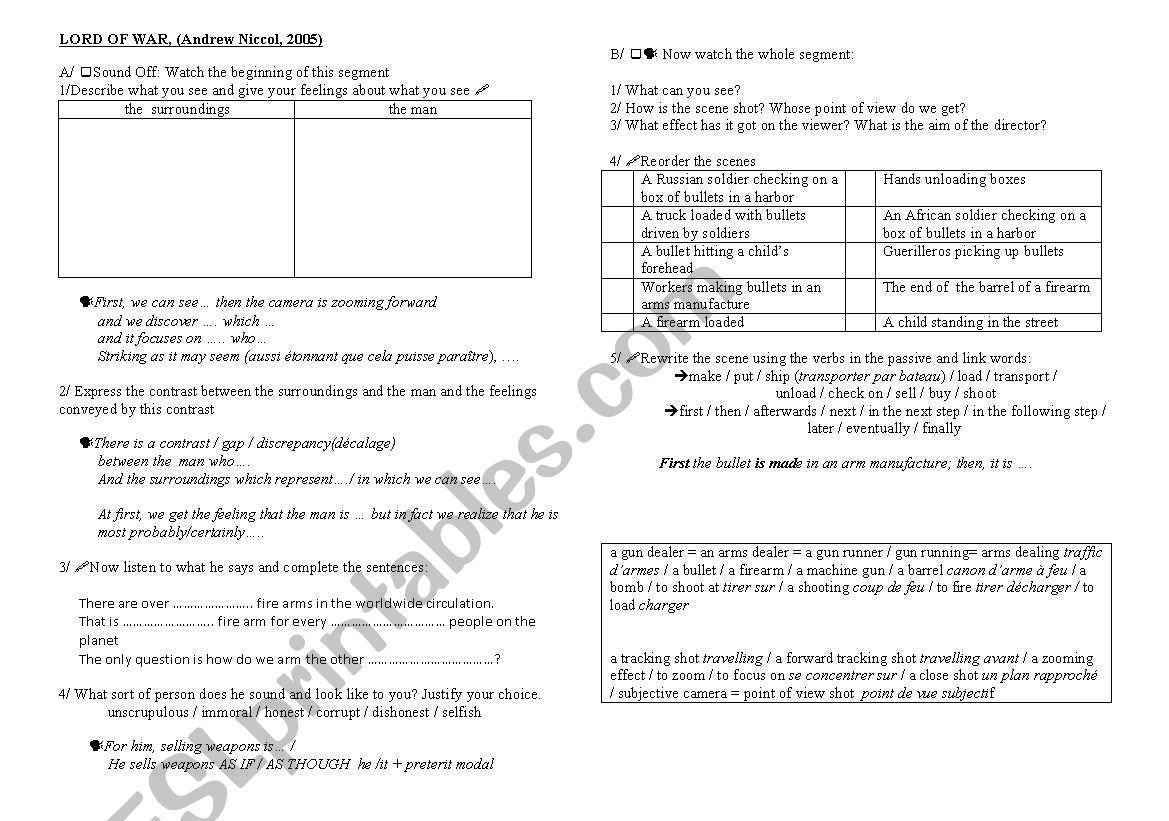 Lord of War; opening titles worksheet