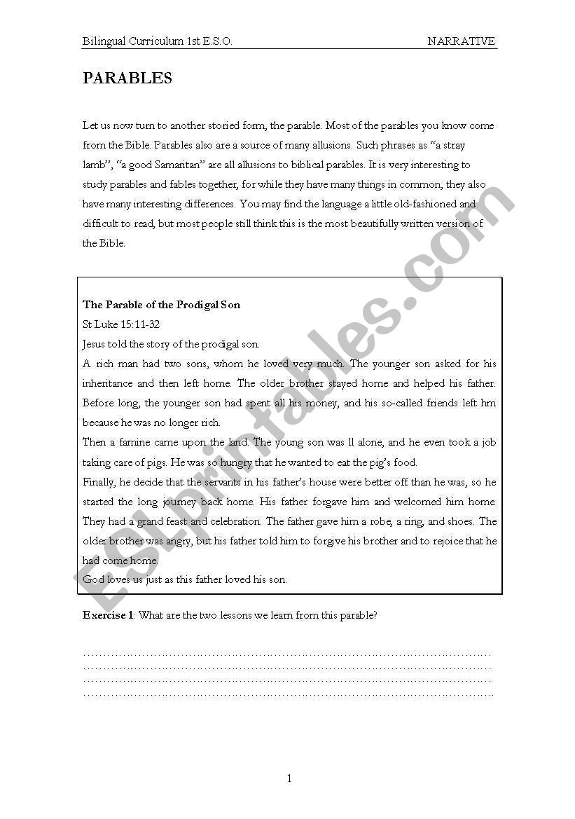 Parables worksheet