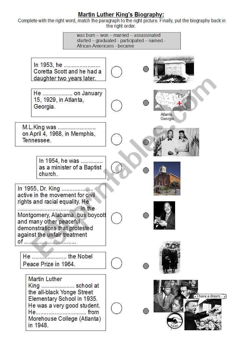 Martin Luther King Jr S Biography Past Simple Esl Worksheet By Flonord