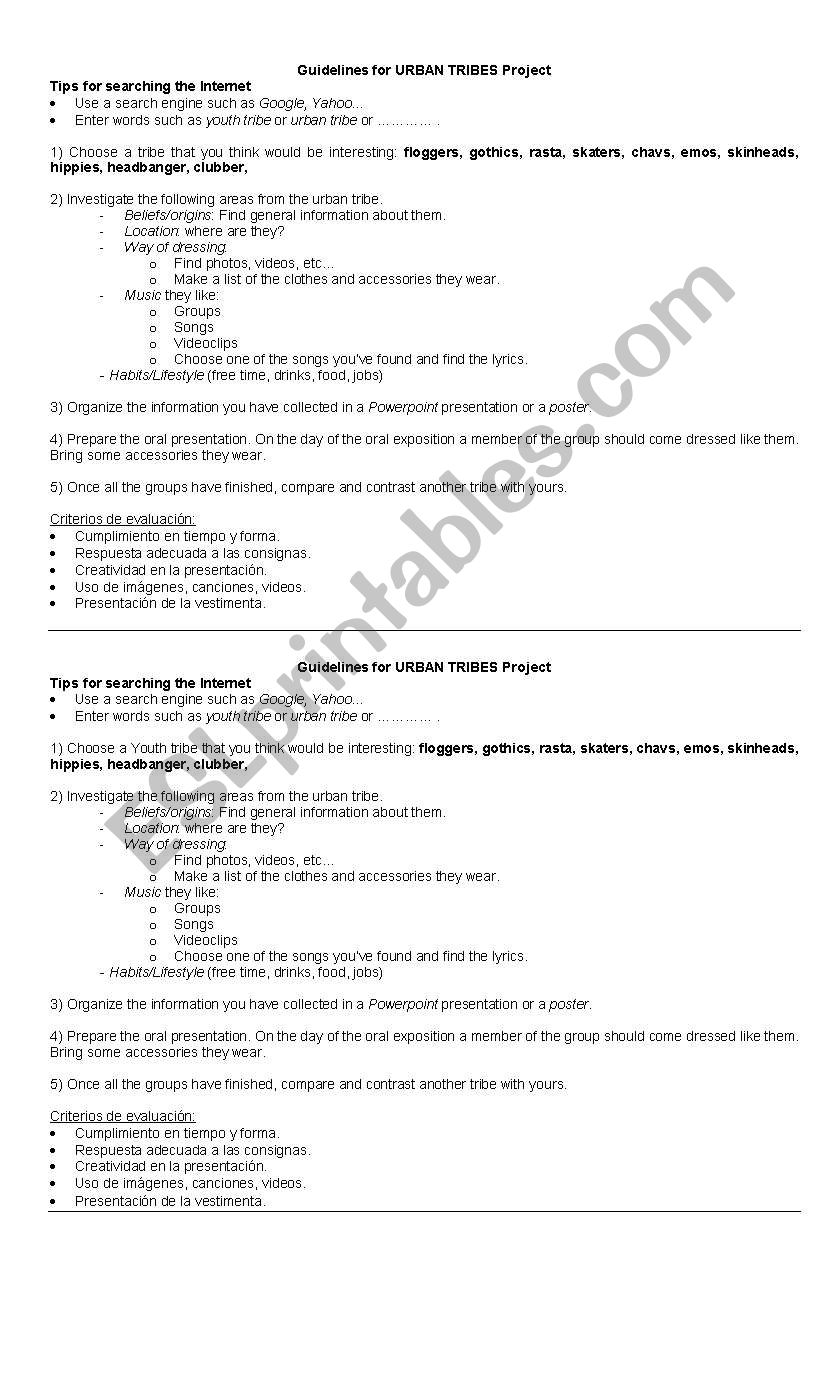 Urban Tribes worksheet