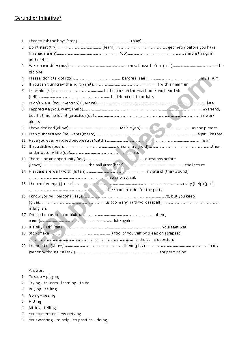 Gerund or infinitive worksheet