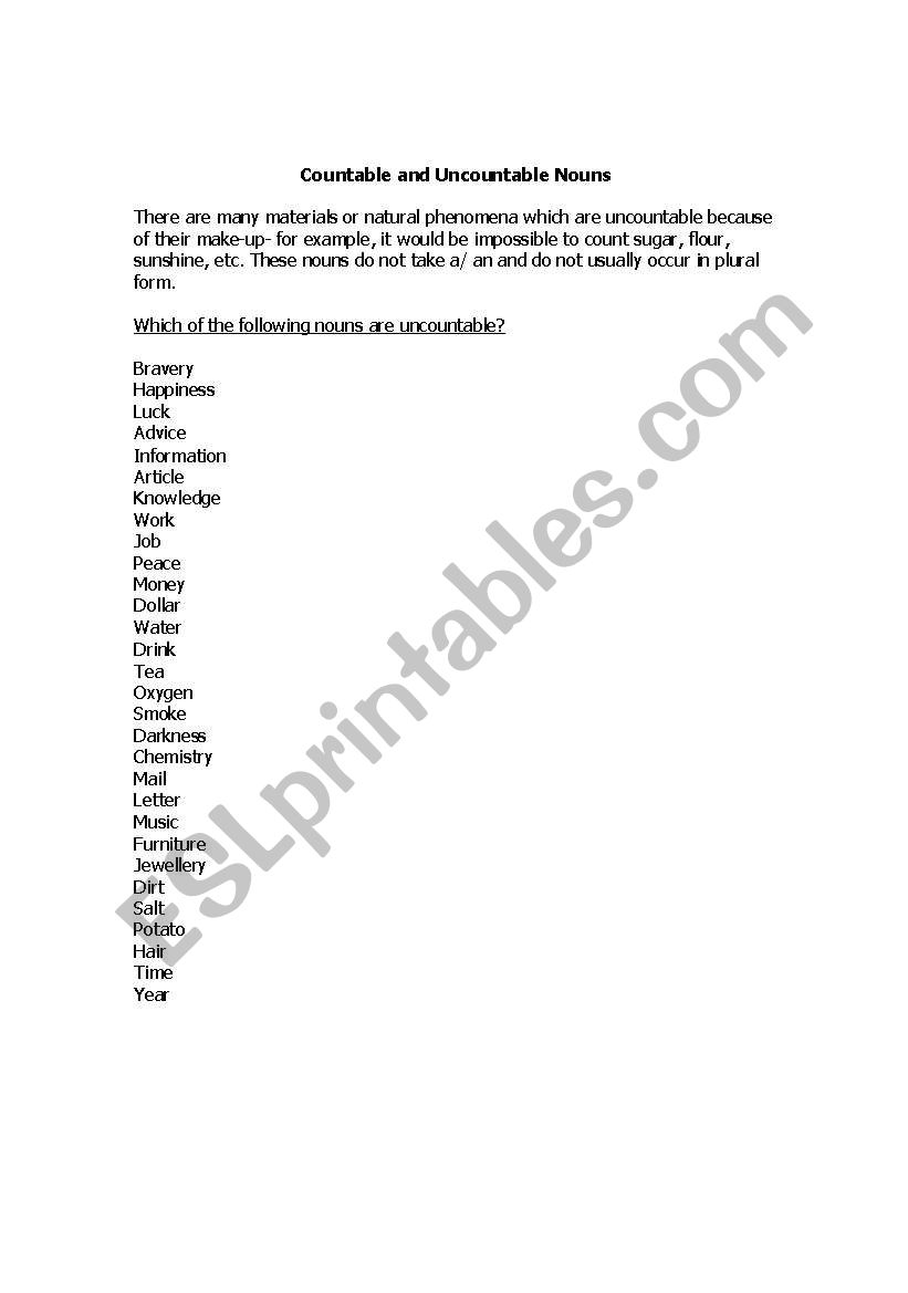 Countable Uncountable nouns worksheet