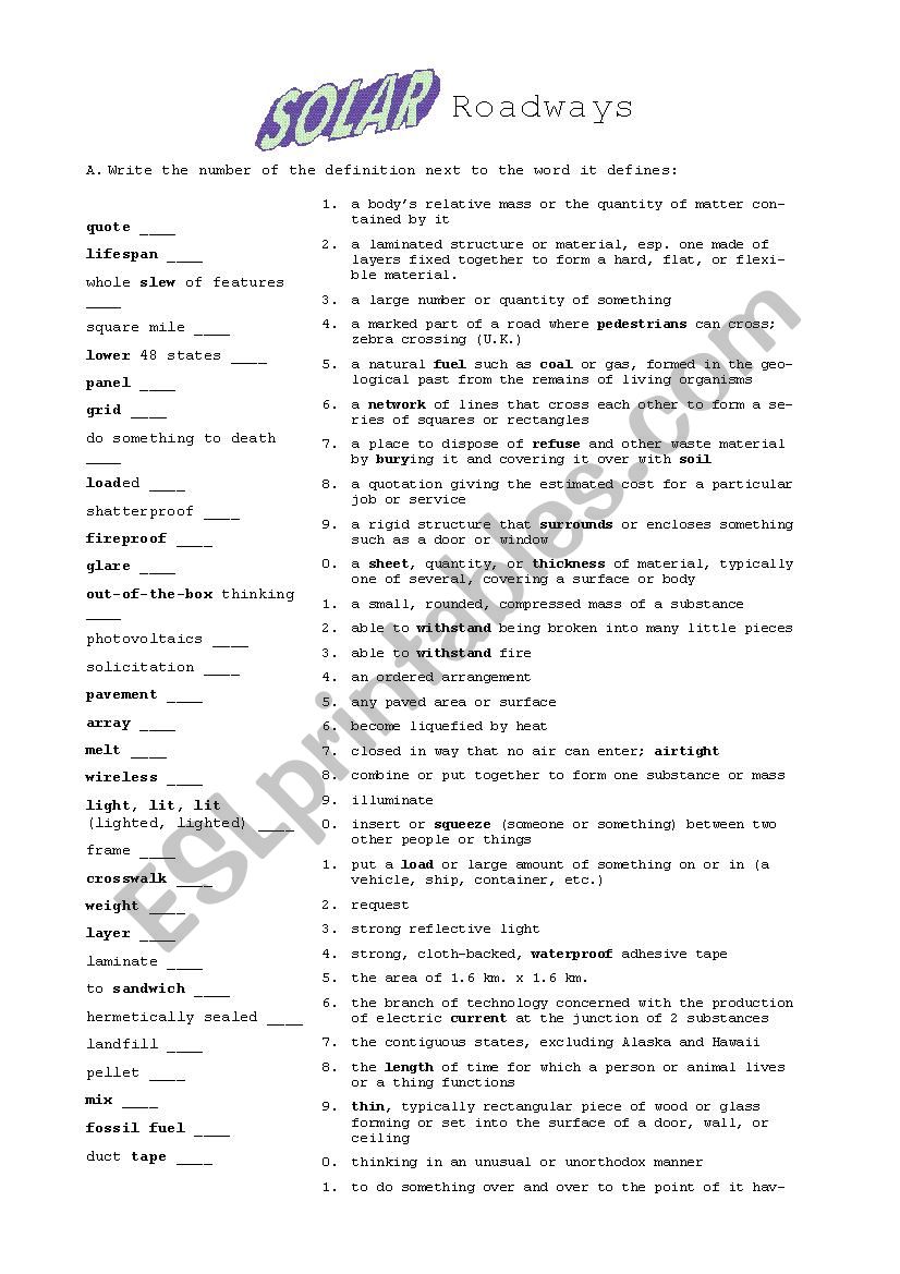 Solar Roadways worksheet