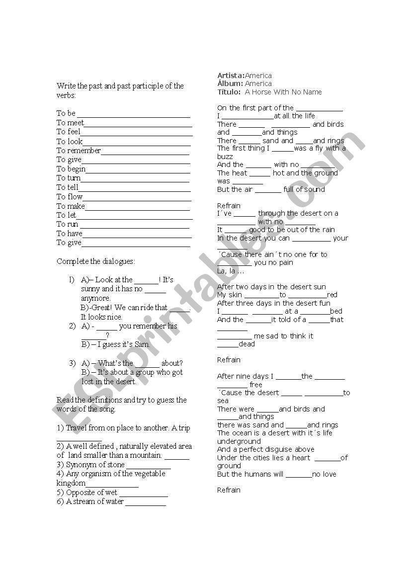 A horse with no name worksheet