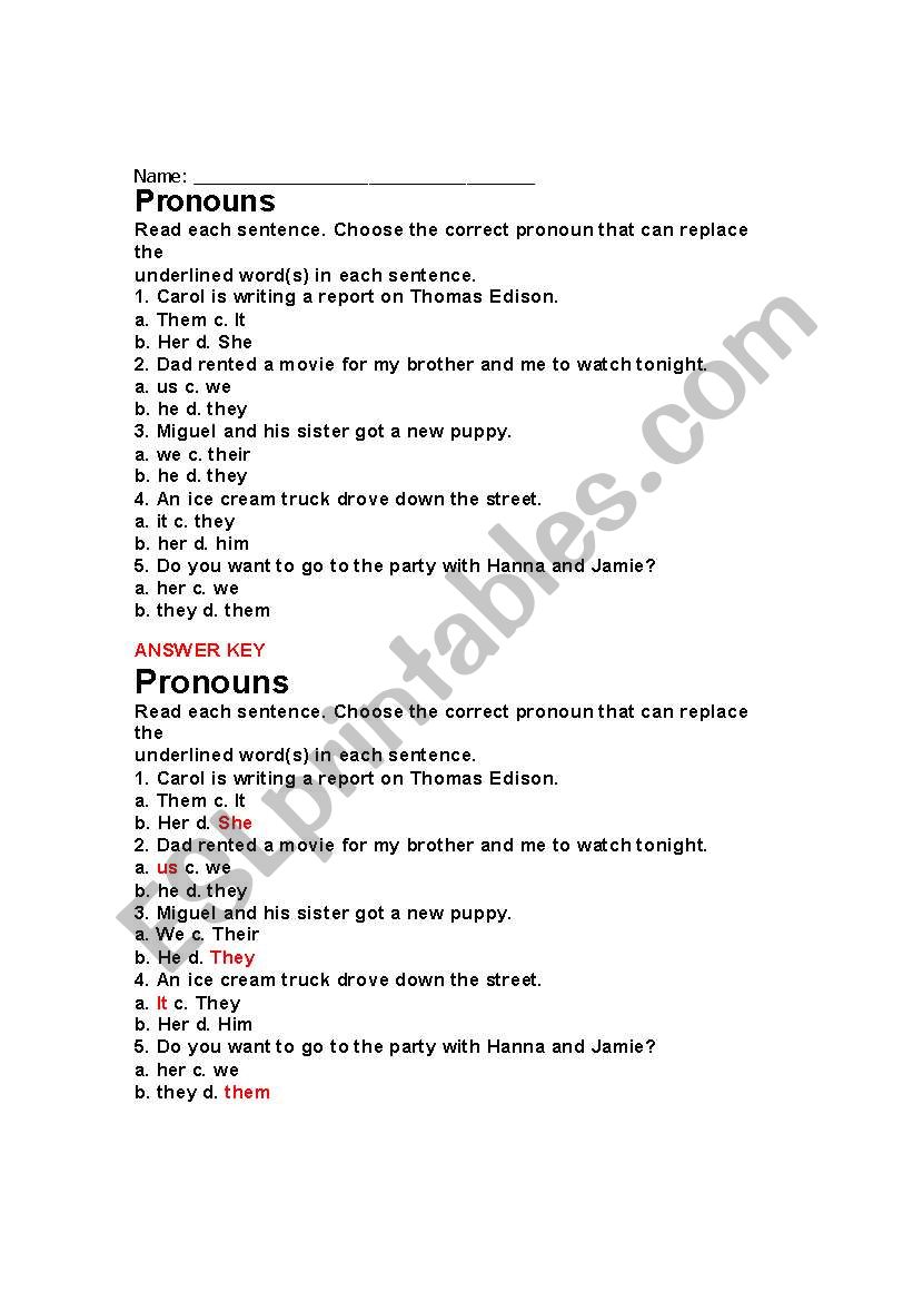 Pronouns worksheet