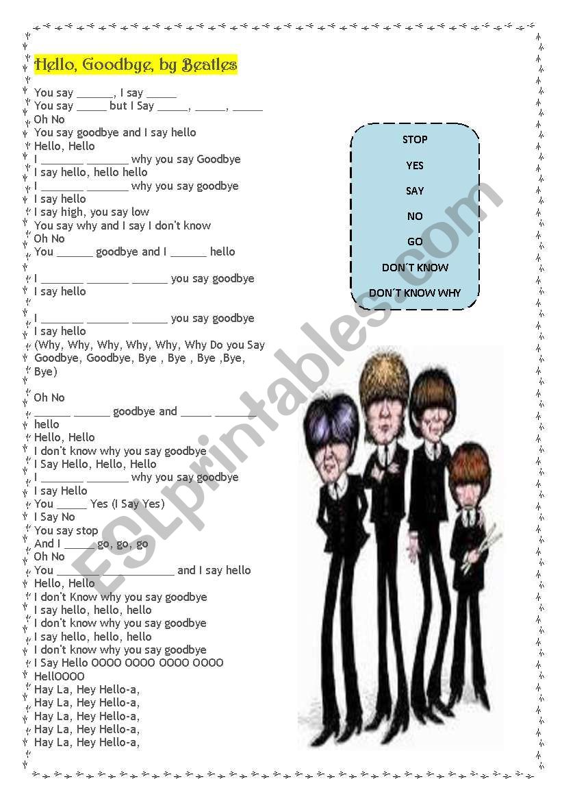 Hello Goodbye Beatles Esl Worksheet By Carol Ls