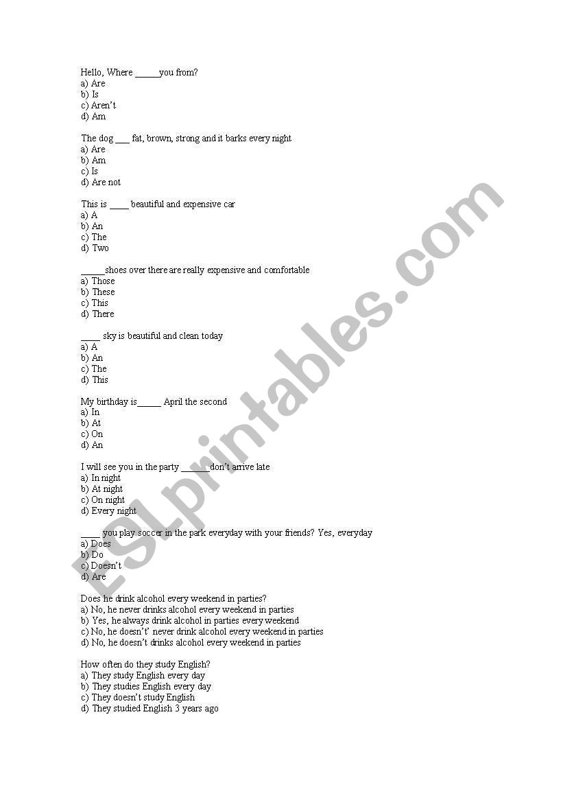 palcement exam worksheet