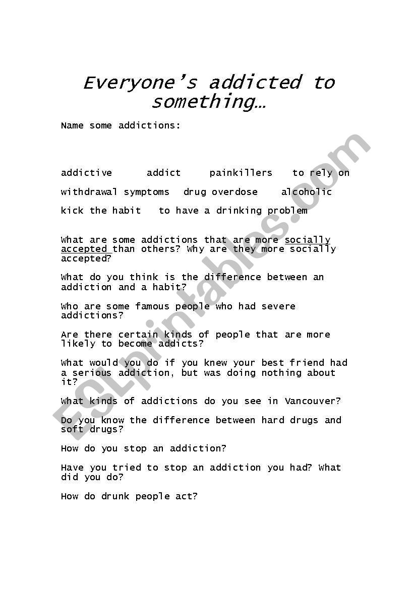 Addictions worksheet