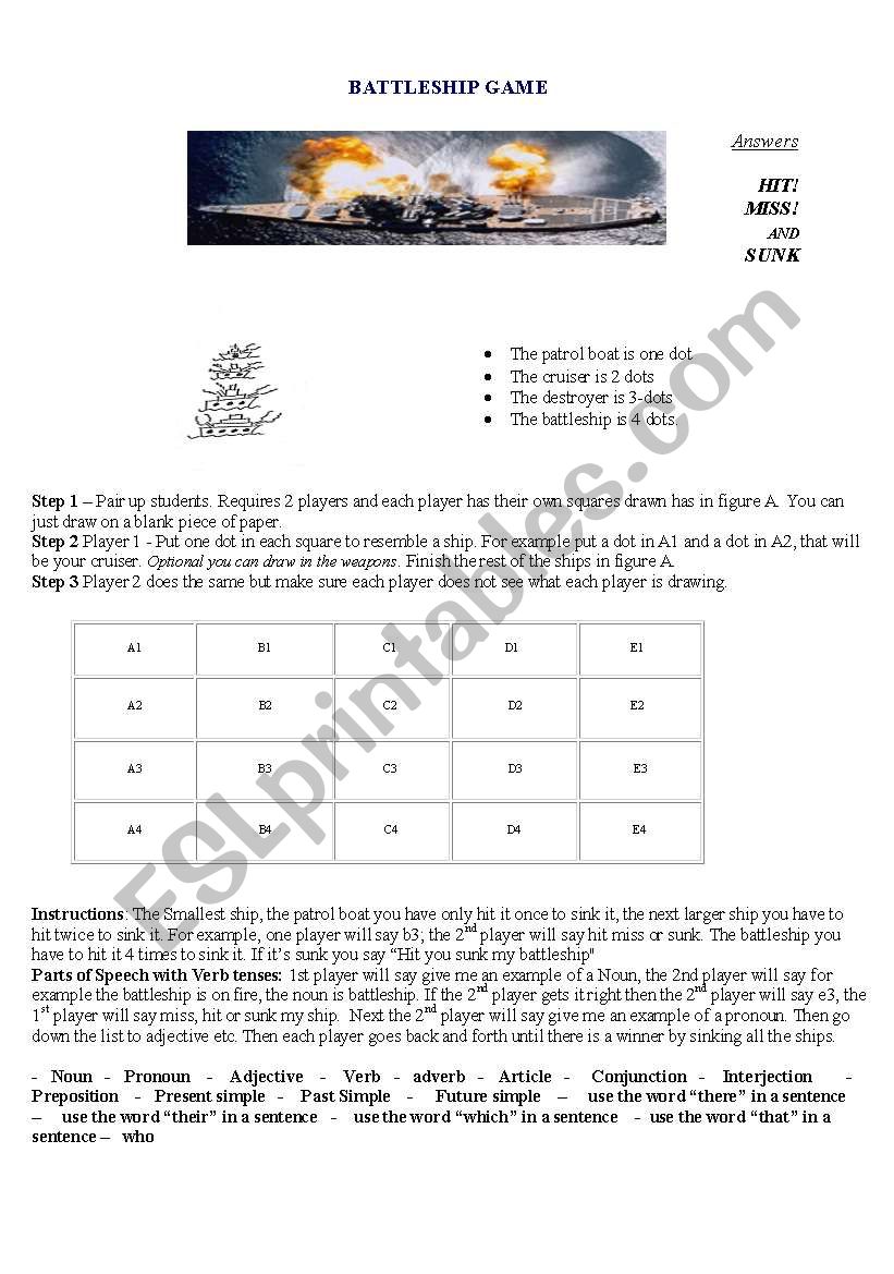 Battleship game covers verb tenses and 9 parts of speach