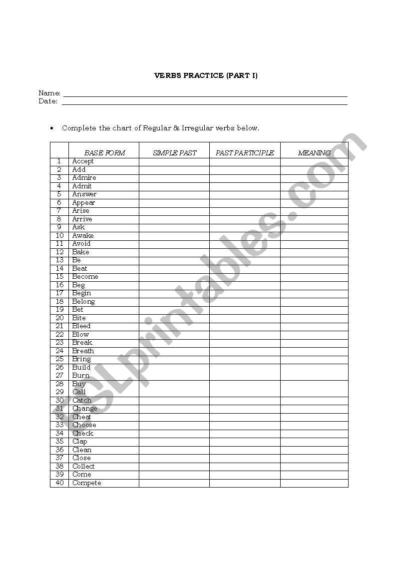 VERBS PRACTICE (PART 1) worksheet