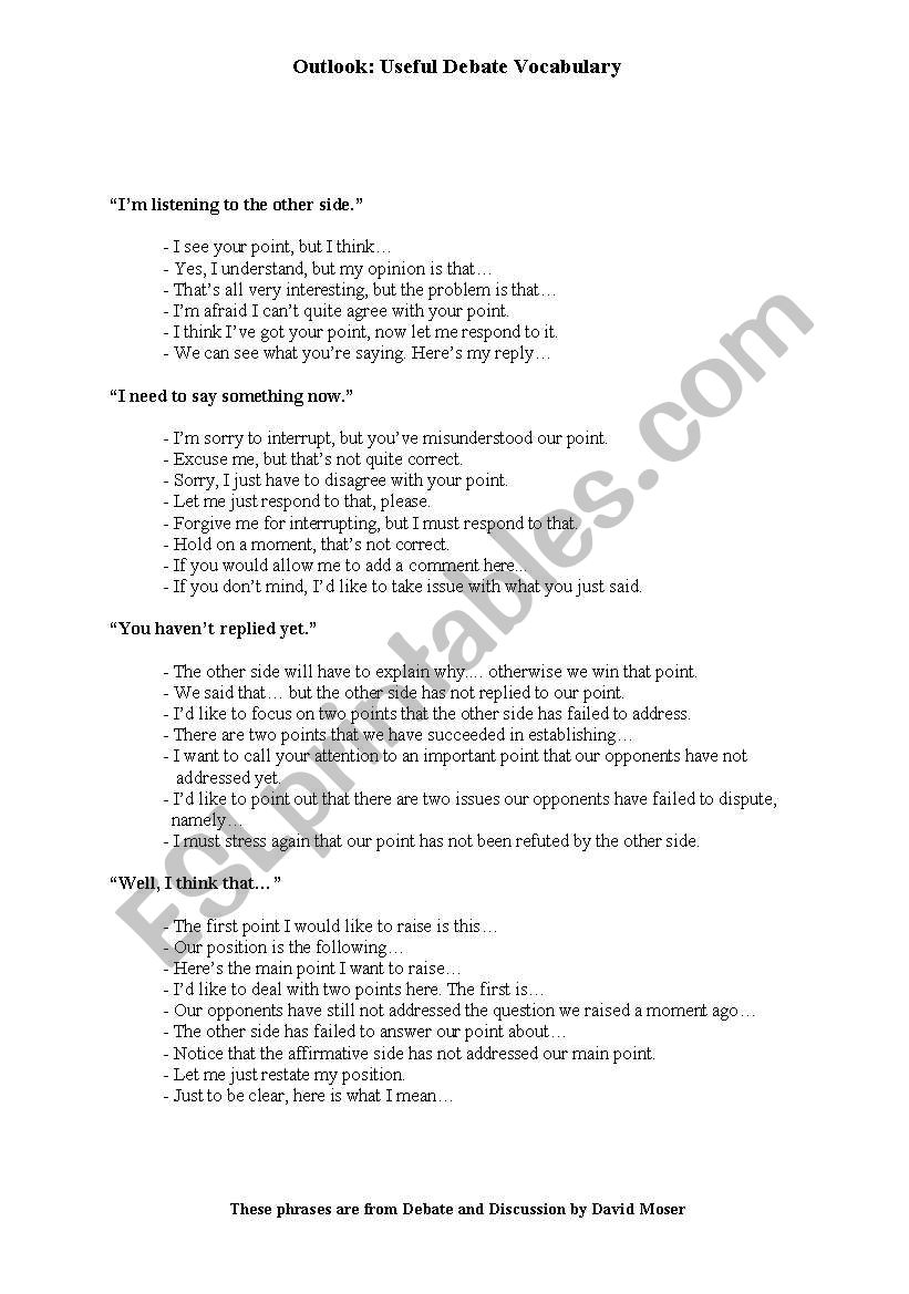 Useful Phrases for Debates worksheet