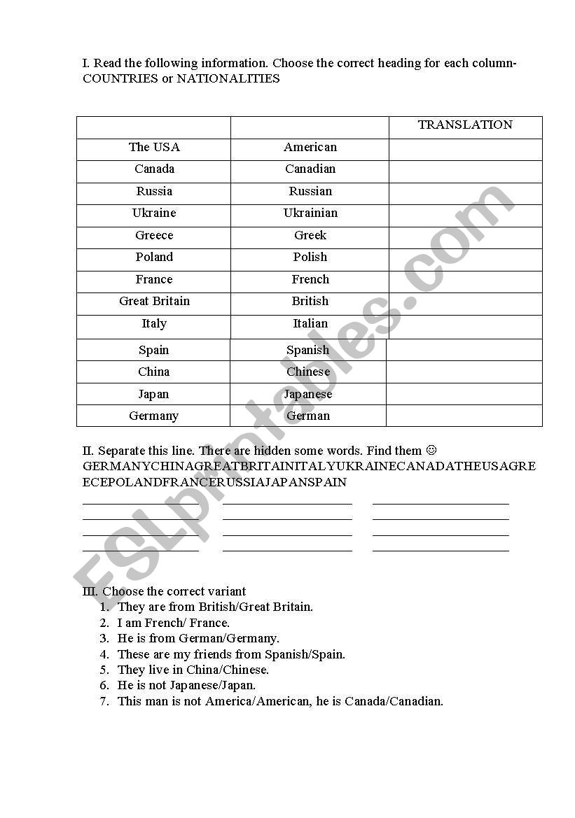 Countries & NAtionalities worksheet