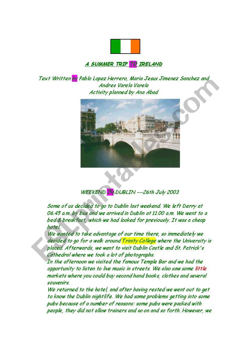 trip to ireland worksheet