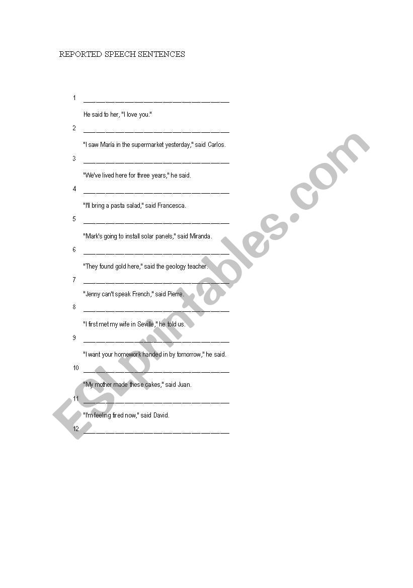 reported speech practice worksheet