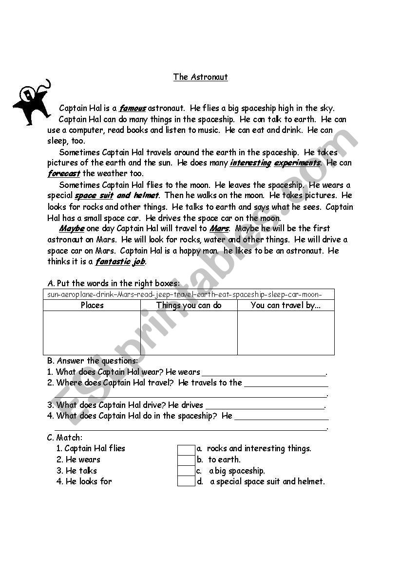 Captain Hal The Astronaut worksheet