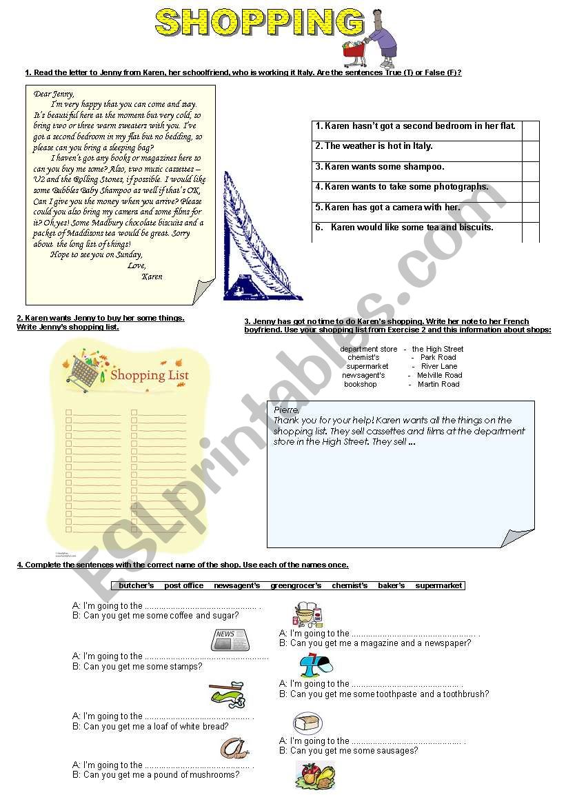 shopping worksheet