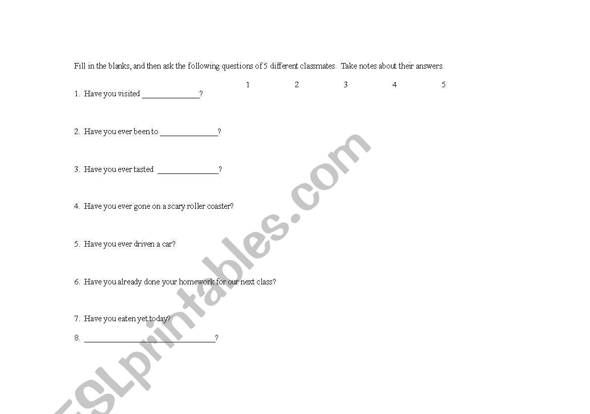 Present Perfect Practice Survey