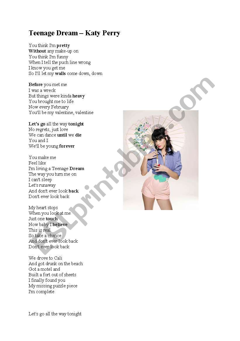 Song Katy Perry Teenage Dream worksheet