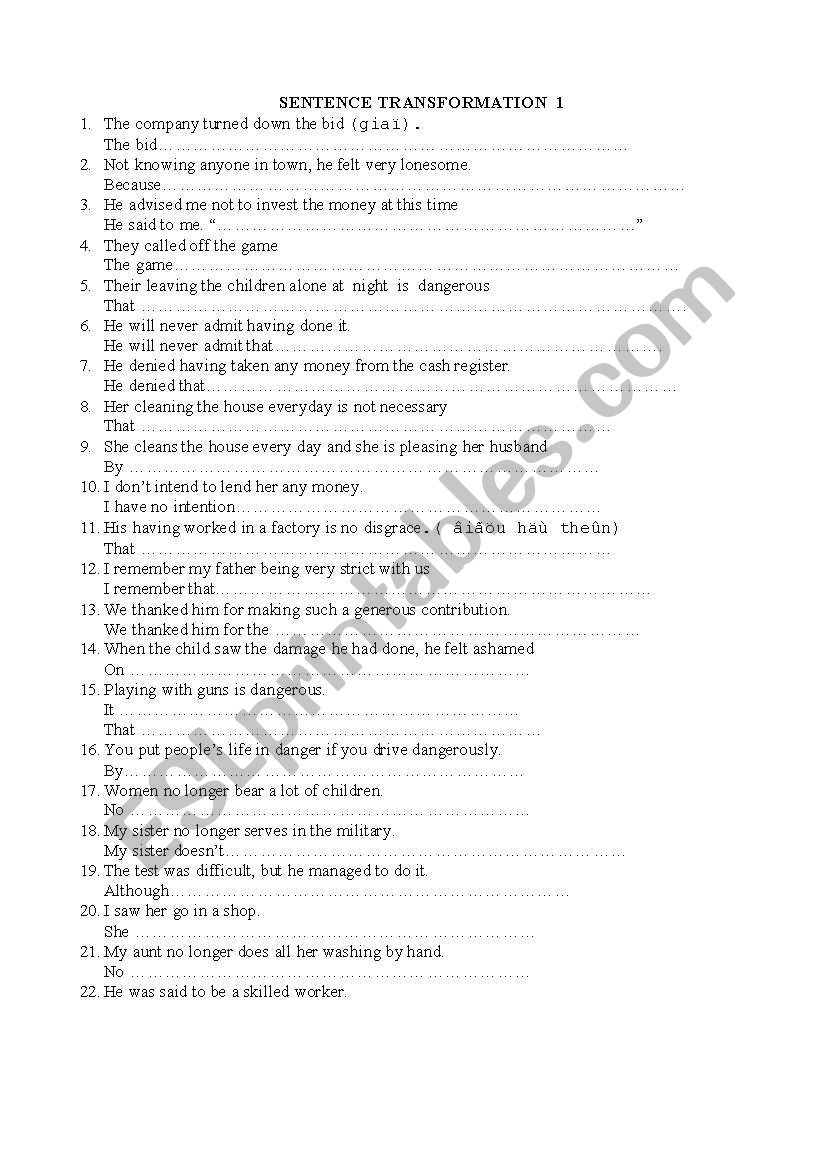 Sentence transformation worksheet