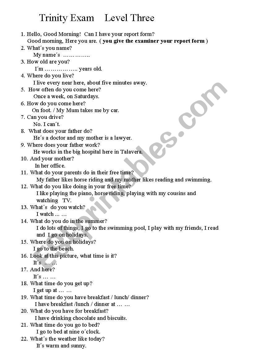 questions that may be asked in level three of the trinity college oral exam
