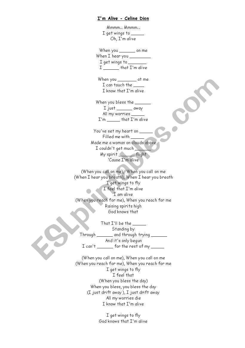 I am alive Celine Dion worksheet