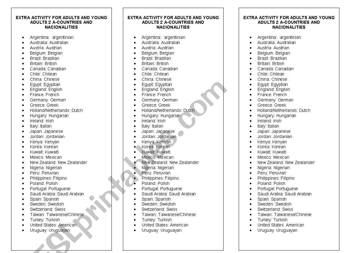 nationalities worksheet