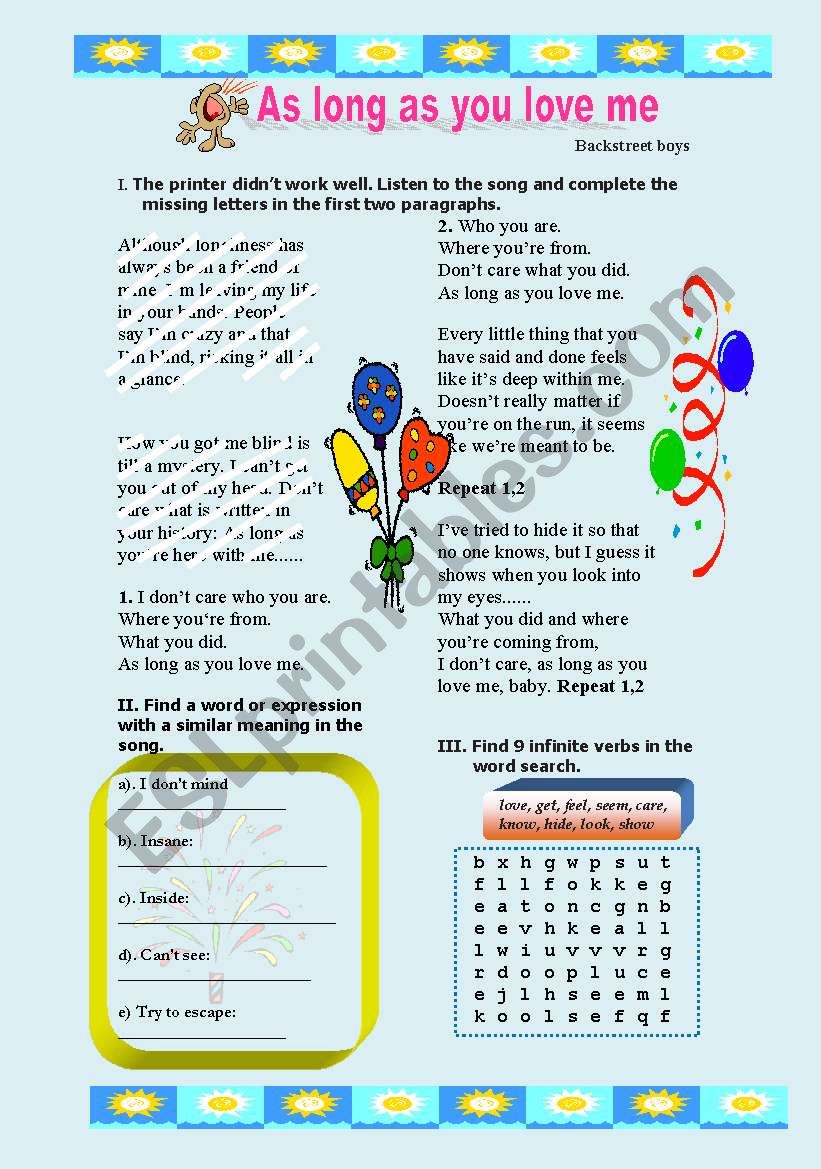 As long as you love me!!! worksheet