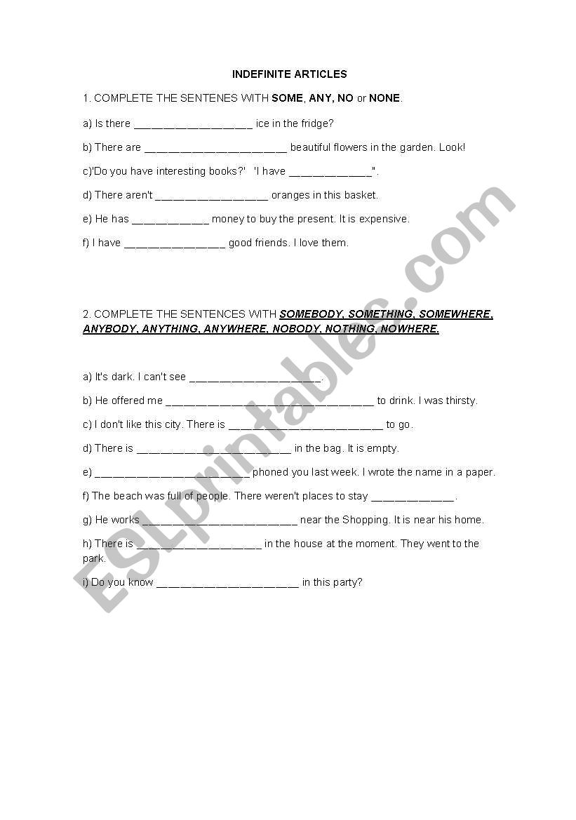 Indefinite articles worksheet